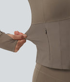 InstantCool Stand Collar Raglan Thumb Hole Curved Hem Yoga Jacket with Pockets — Dawn Brown — view 6