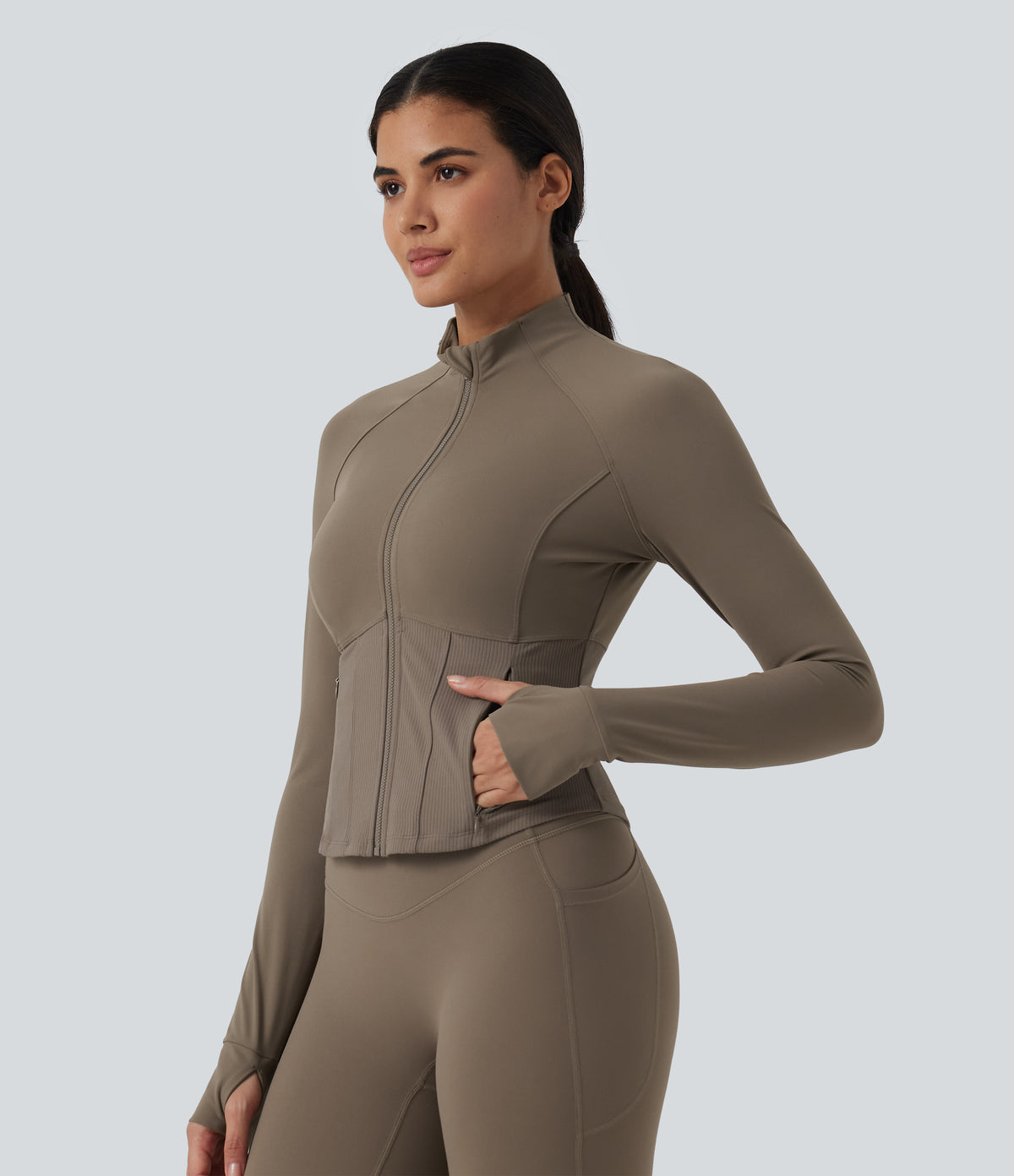 InstantCool Stand Collar Raglan Thumb Hole Curved Hem Yoga Jacket with Pockets — Dawn Brown — view 4
