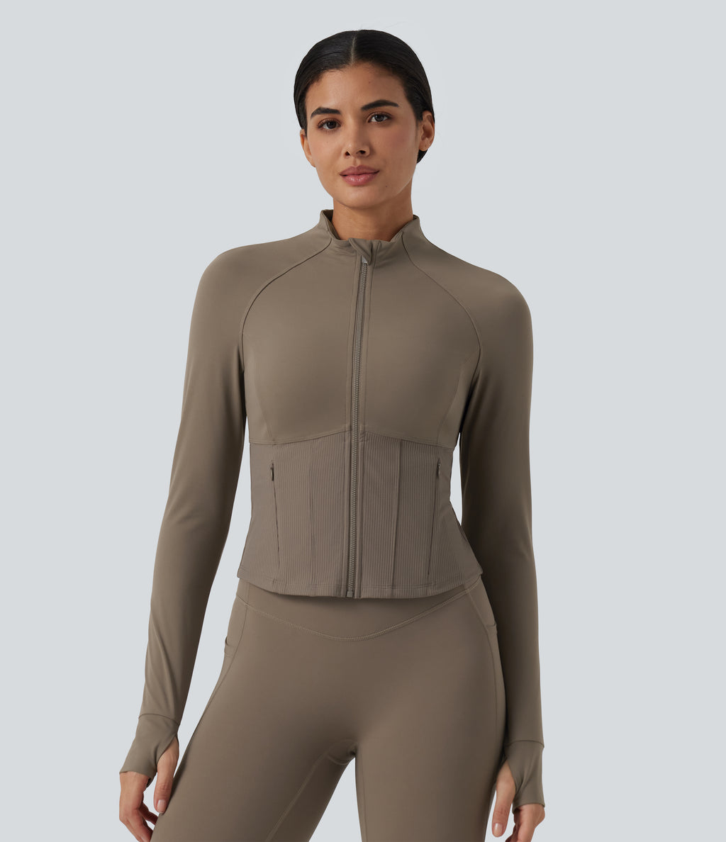 InstantCool Stand Collar Raglan Thumb Hole Curved Hem Yoga Jacket with Pockets — Dawn Brown — view 2