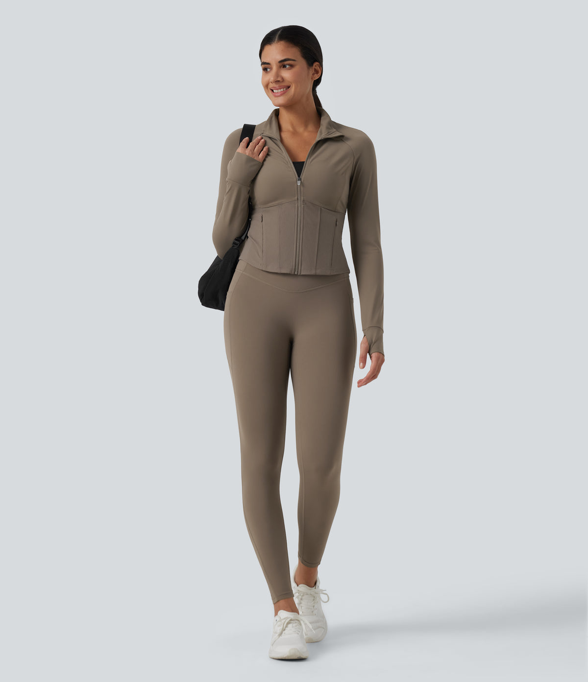 InstantCool Stand Collar Raglan Thumb Hole Curved Hem Yoga Jacket with Pockets — Dawn Brown — view 7