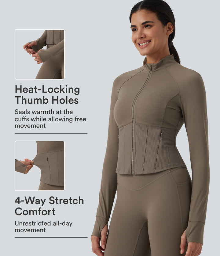 InstantCool Stand Collar Raglan Thumb Hole Curved Hem Yoga Jacket with Pockets — Dawn Brown — view 1