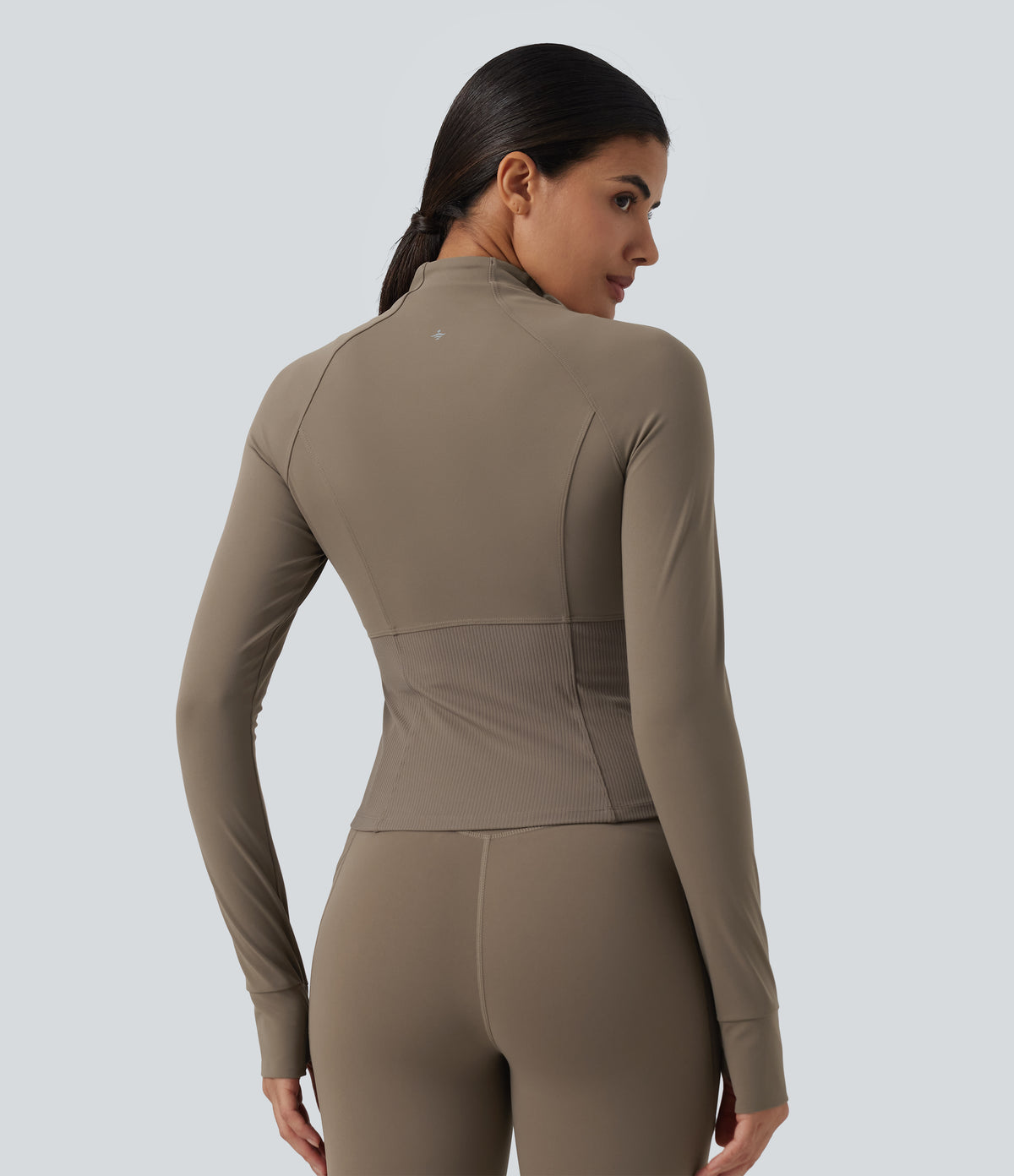 InstantCool Stand Collar Raglan Thumb Hole Curved Hem Yoga Jacket with Pockets — Dawn Brown — view 3