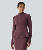 Stand Collar Long Sleeve Thumb Hole Polka Dot Yoga Jacket with Pockets — Syrah Red Dot — view 2
