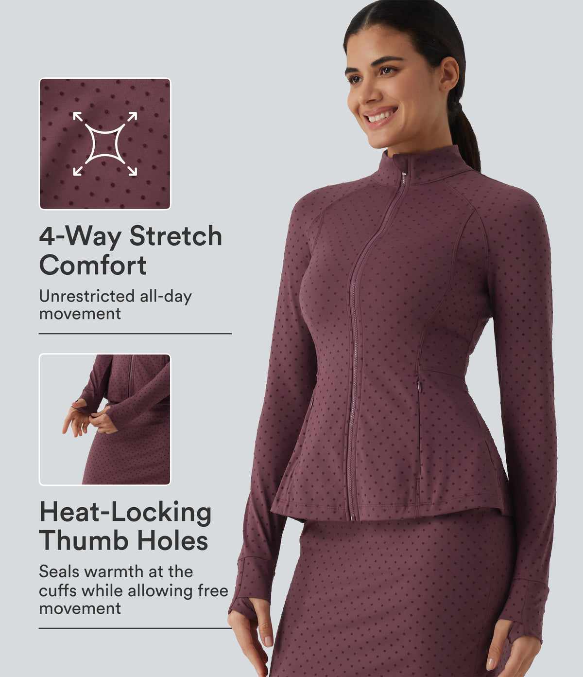 Stand Collar Long Sleeve Thumb Hole Polka Dot Yoga Jacket with Pockets — Syrah Red Dot — view 1