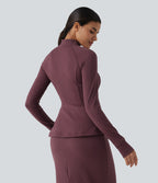 Stand Collar Long Sleeve Thumb Hole Polka Dot Yoga Jacket with Pockets — Syrah Red Dot — view 3