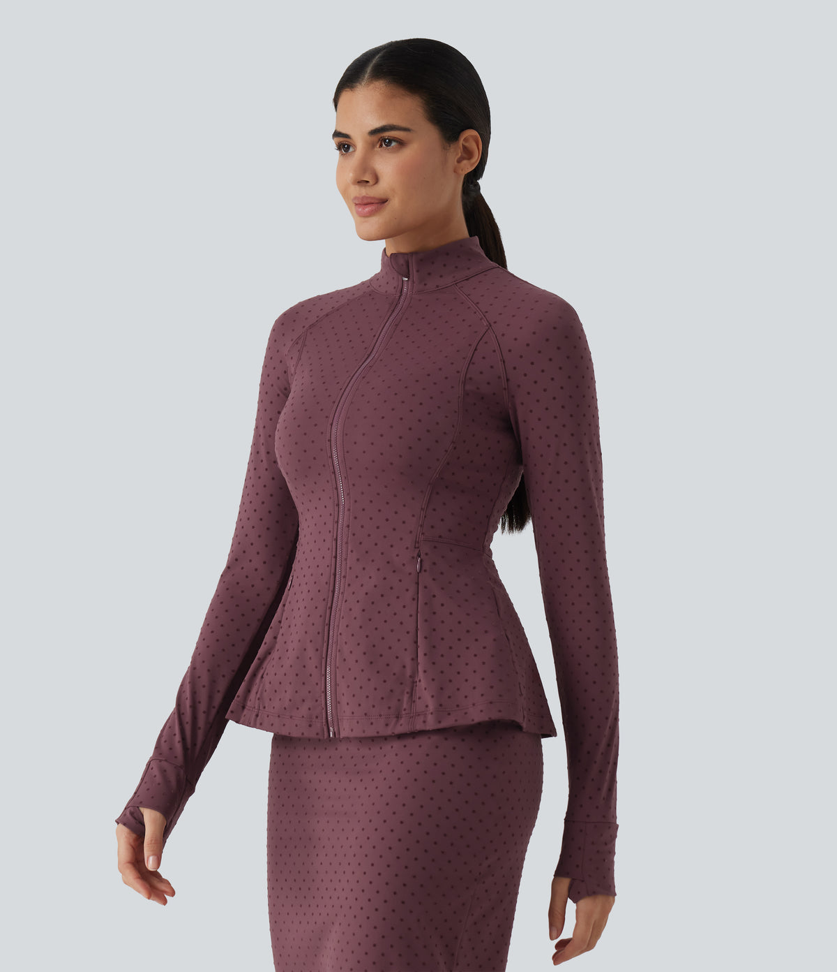Stand Collar Long Sleeve Thumb Hole Polka Dot Yoga Jacket with Pockets — Syrah Red Dot — view 4