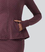 Stand Collar Long Sleeve Thumb Hole Polka Dot Yoga Jacket with Pockets — Syrah Red Dot — view 6