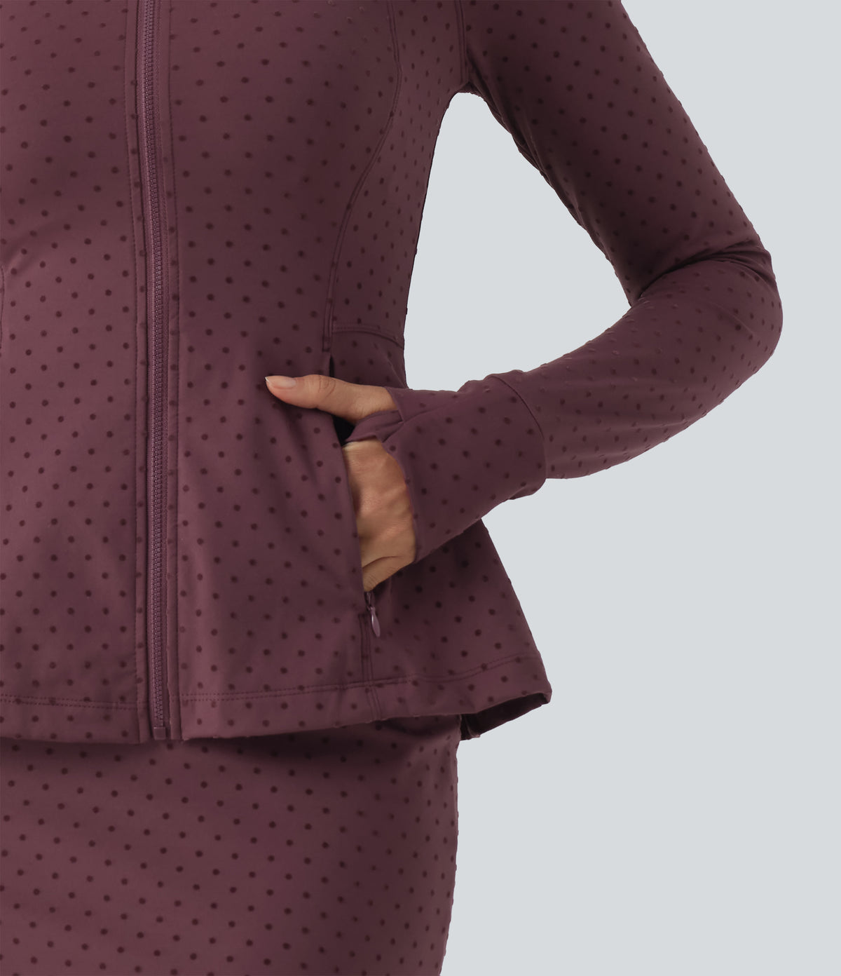 Stand Collar Long Sleeve Thumb Hole Polka Dot Yoga Jacket with Pockets — Syrah Red Dot — view 6