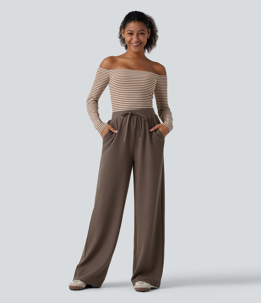 Waffle High Waisted Drawstring Straight Leg Casual Trousers with Pockets — Canteen — view 6