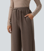 Waffle High Waisted Drawstring Straight Leg Casual Trousers with Pockets — Canteen — view 4