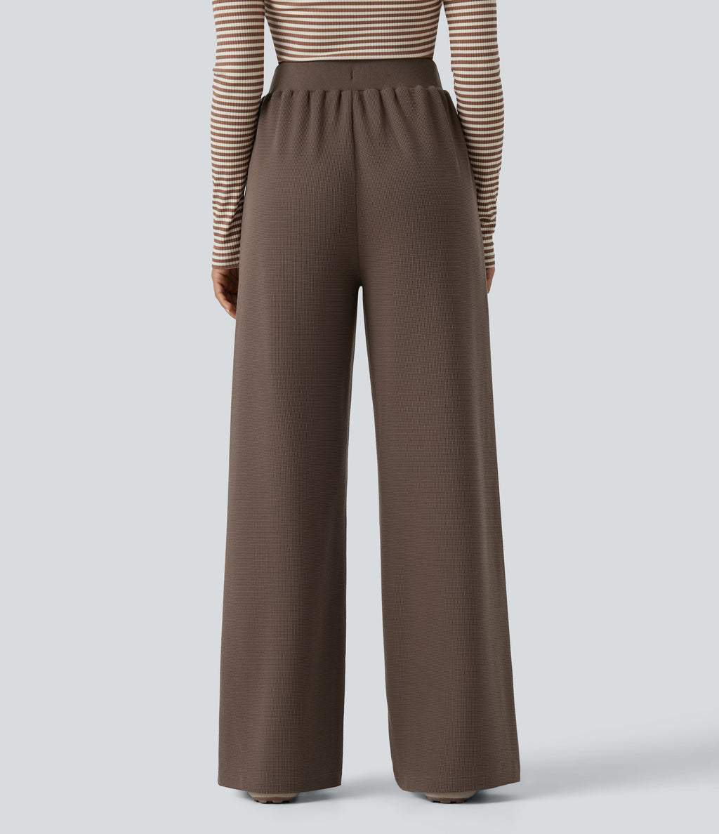 Waffle High Waisted Drawstring Straight Leg Casual Trousers with Pockets — Canteen — view 2