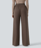 Waffle High Waisted Drawstring Straight Leg Casual Trousers with Pockets — Canteen — view 2
