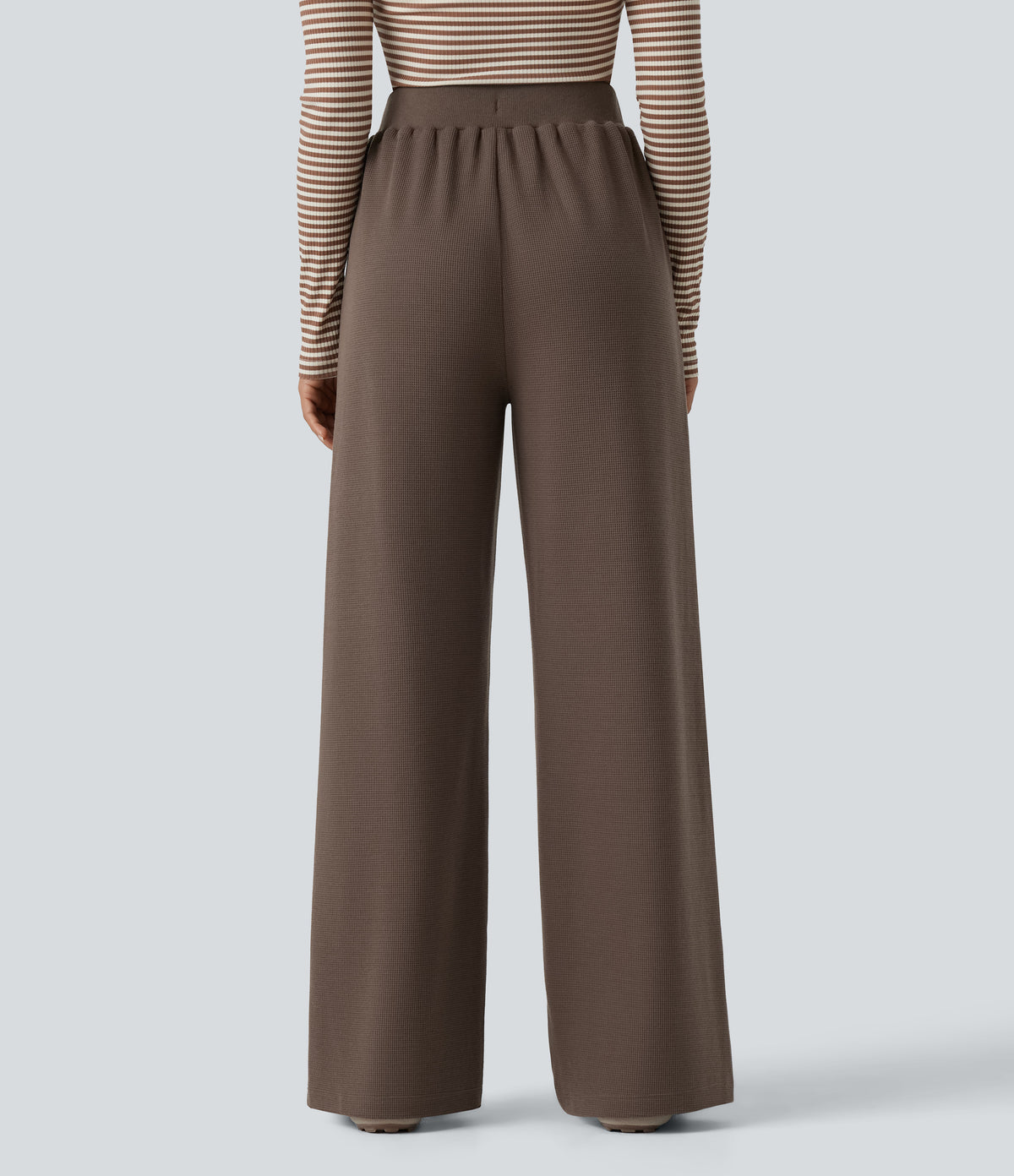 Waffle High Waisted Drawstring Straight Leg Casual Trousers with Pockets — Canteen — view 2
