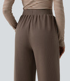 Waffle High Waisted Drawstring Straight Leg Casual Trousers with Pockets — Canteen — view 5