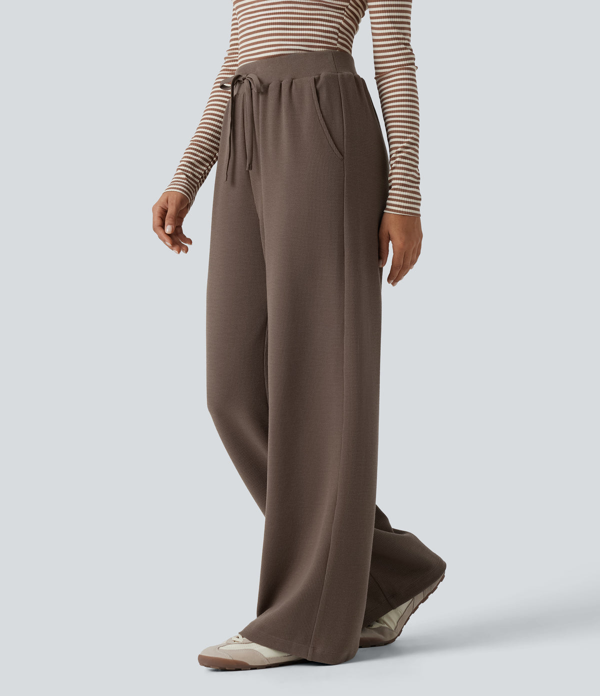 Waffle High Waisted Drawstring Straight Leg Casual Trousers with Pockets — Canteen — view 3