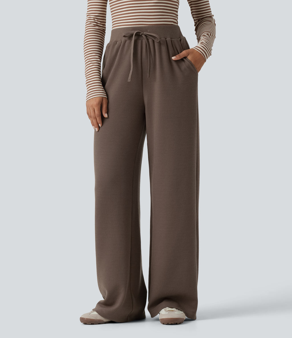 Waffle High Waisted Drawstring Straight Leg Casual Trousers with Pockets — Canteen — view 1