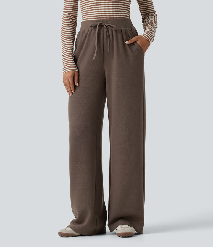 Waffle High Waisted Drawstring Straight Leg Casual Trousers with Pockets — Canteen — view 1