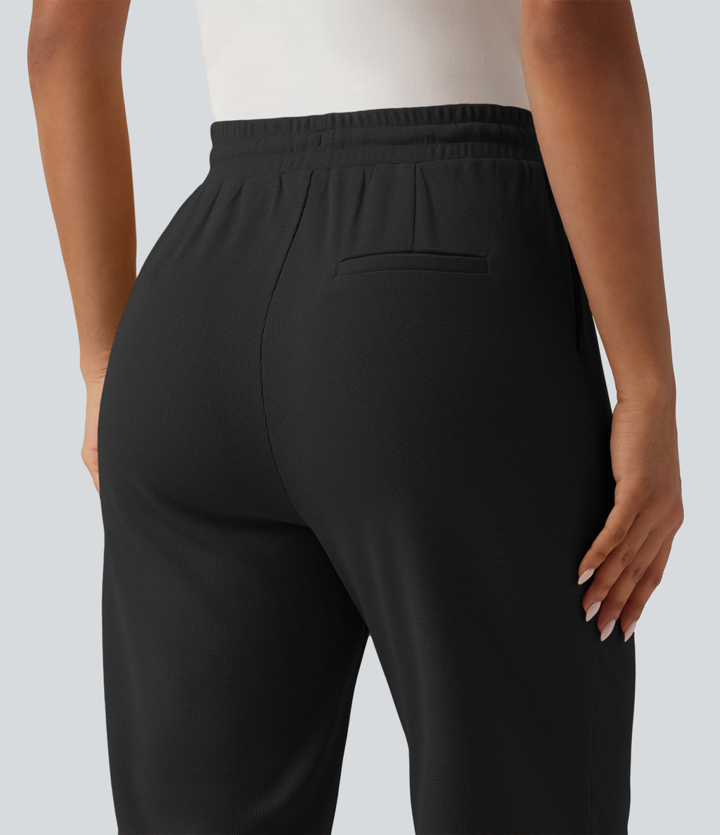 High Waisted Drawstring Tapered Pintuck Work Trousers with Pockets — Black — view 5