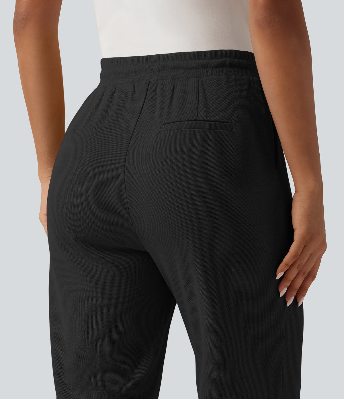 High Waisted Drawstring Tapered Pintuck Work Trousers with Pockets — Black — view 5