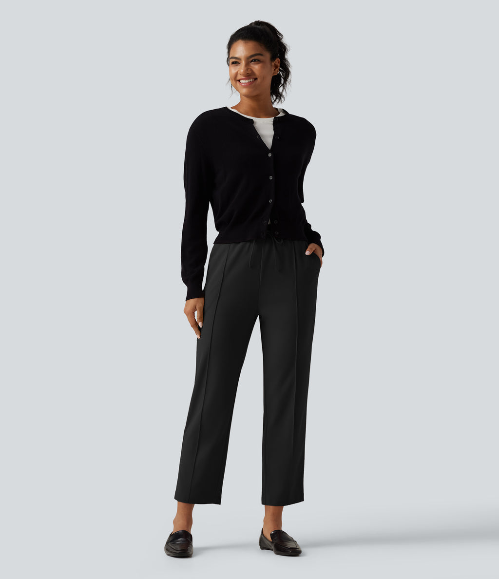 High Waisted Drawstring Tapered Pintuck Work Trousers with Pockets — Black — view 6