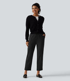 High Waisted Drawstring Tapered Pintuck Work Trousers with Pockets — Black — view 6