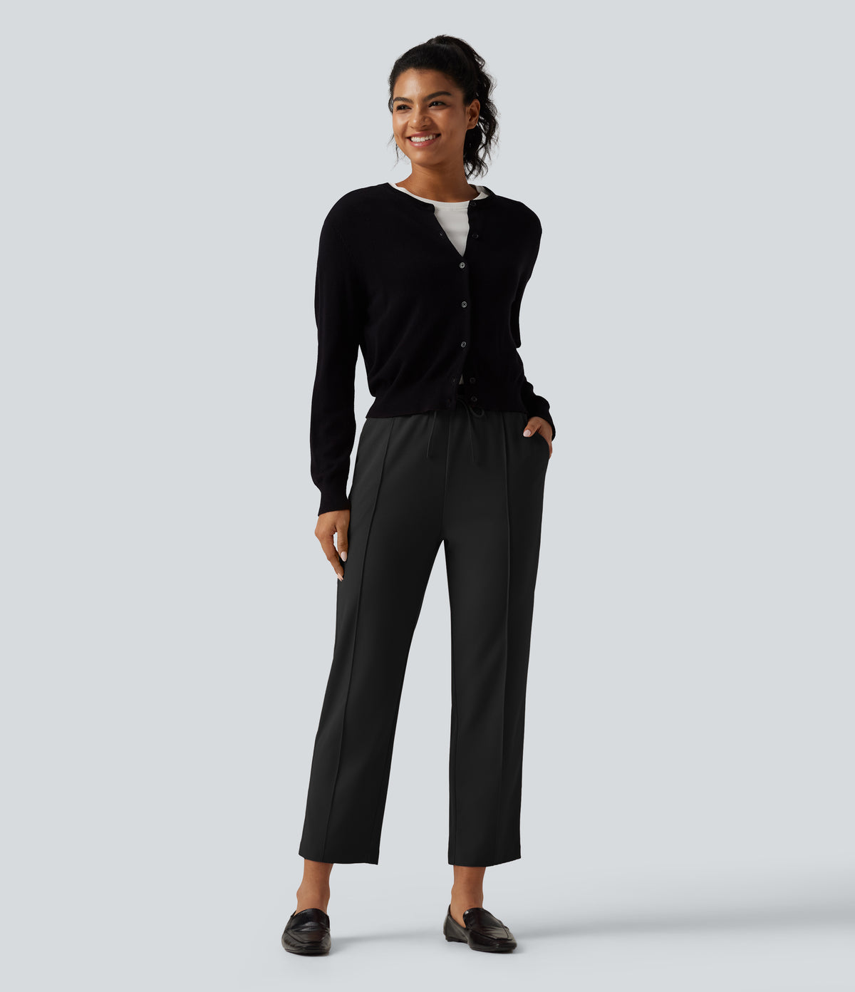 High Waisted Drawstring Tapered Pintuck Work Trousers with Pockets — Black — view 6