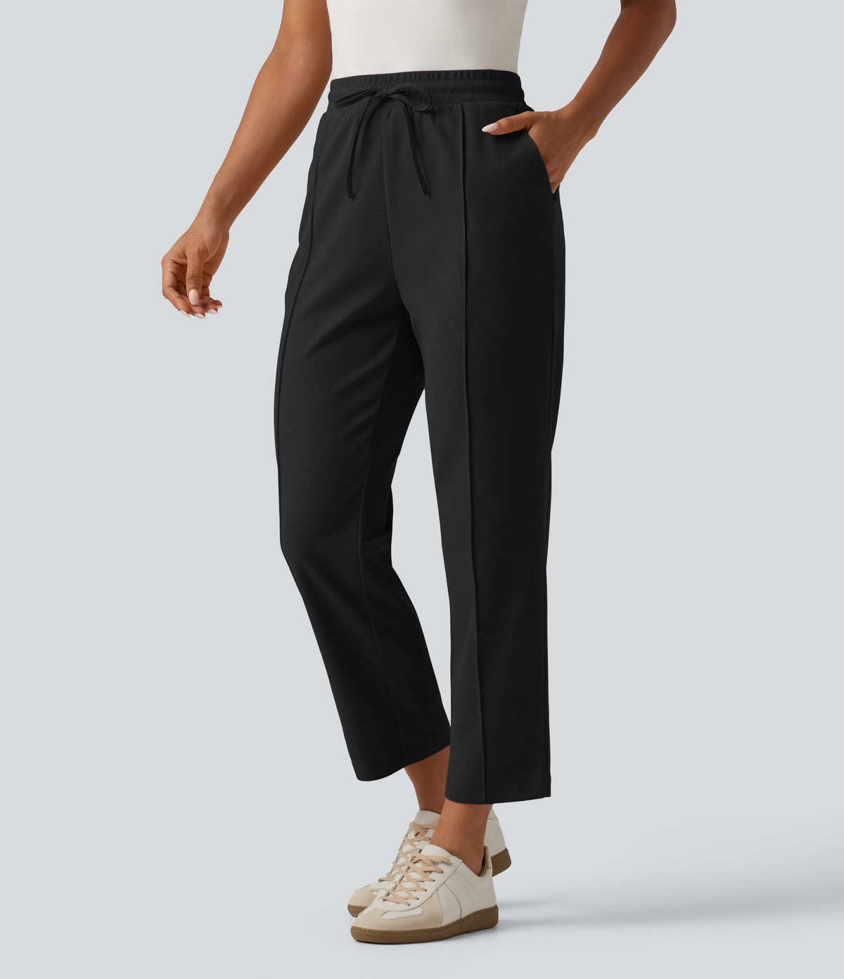 High Waisted Drawstring Tapered Pintuck Work Trousers with Pockets — Black — view 1