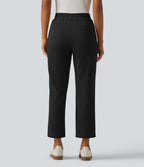 High Waisted Drawstring Tapered Pintuck Work Trousers with Pockets — Black — view 2