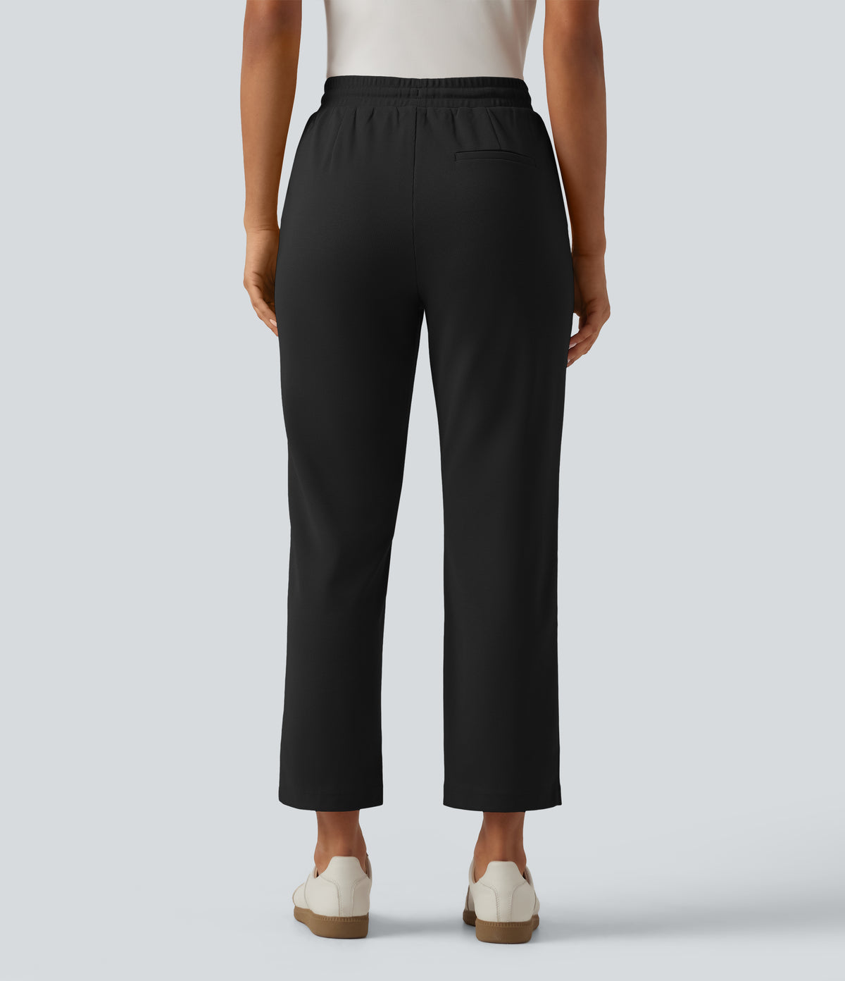 High Waisted Drawstring Tapered Pintuck Work Trousers with Pockets — Black — view 2