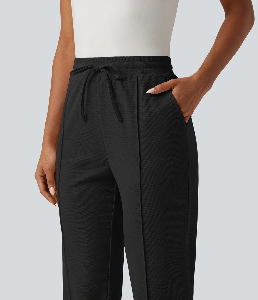 High Waisted Drawstring Tapered Pintuck Work Trousers with Pockets — Black — view 4