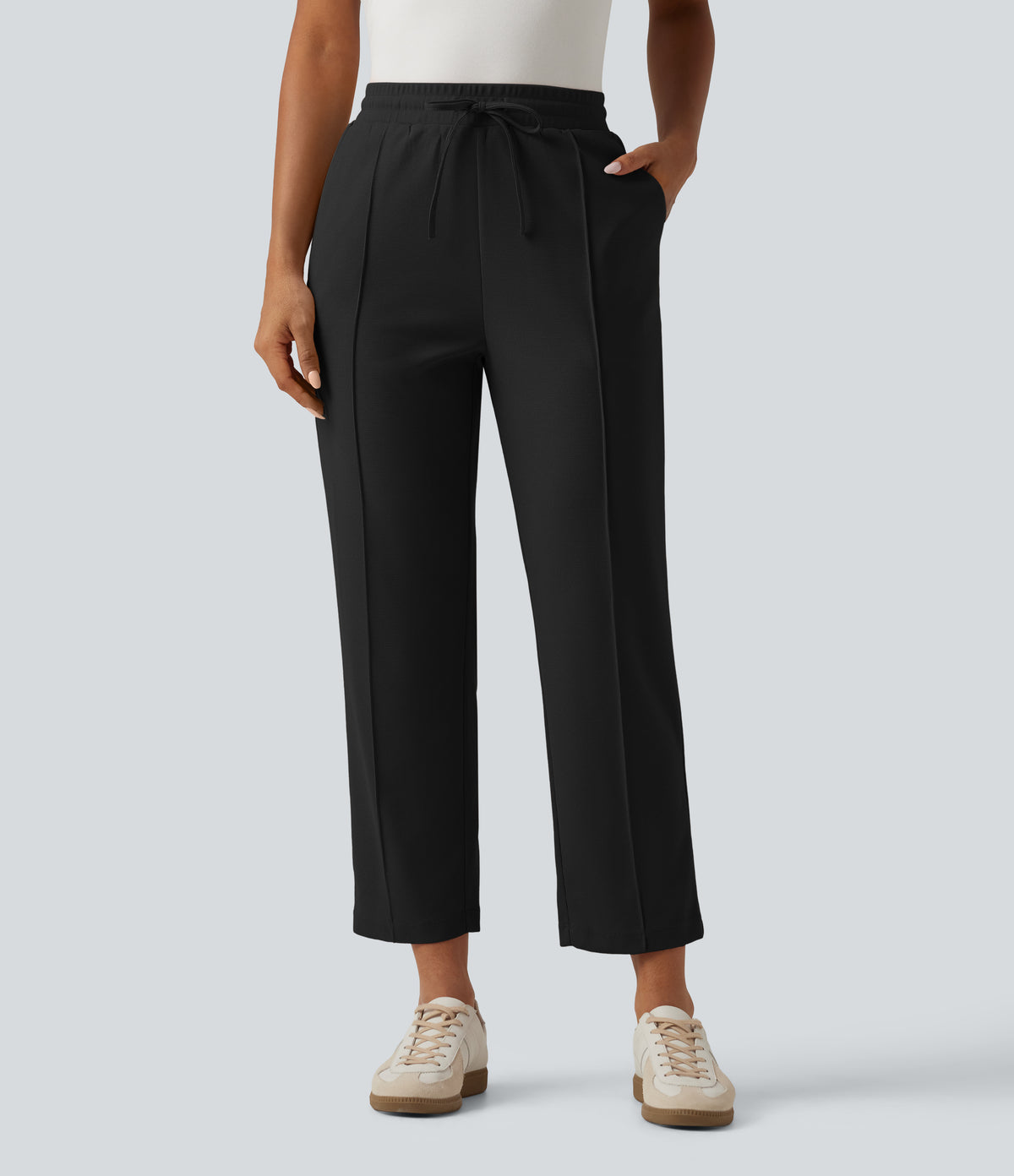 High Waisted Drawstring Tapered Pintuck Work Trousers with Pockets — Black — view 3
