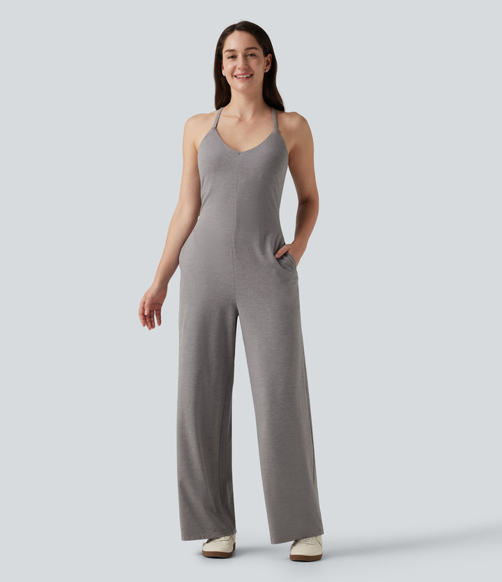 U-Neck Sleeveless Crisscross Back Casual Straight Leg Jumpsuit with Pockets — Mottled Earth Gray — view 1