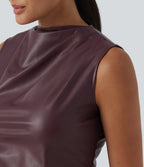 Mock Neck Ruched Bodycon Stretchy PU Party Mini Dress — Windsor Wine — view 4