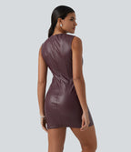 Mock Neck Ruched Bodycon Stretchy PU Party Mini Dress — Windsor Wine — view 2