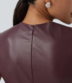 Mock Neck Ruched Bodycon Stretchy PU Party Mini Dress — Windsor Wine — view 6