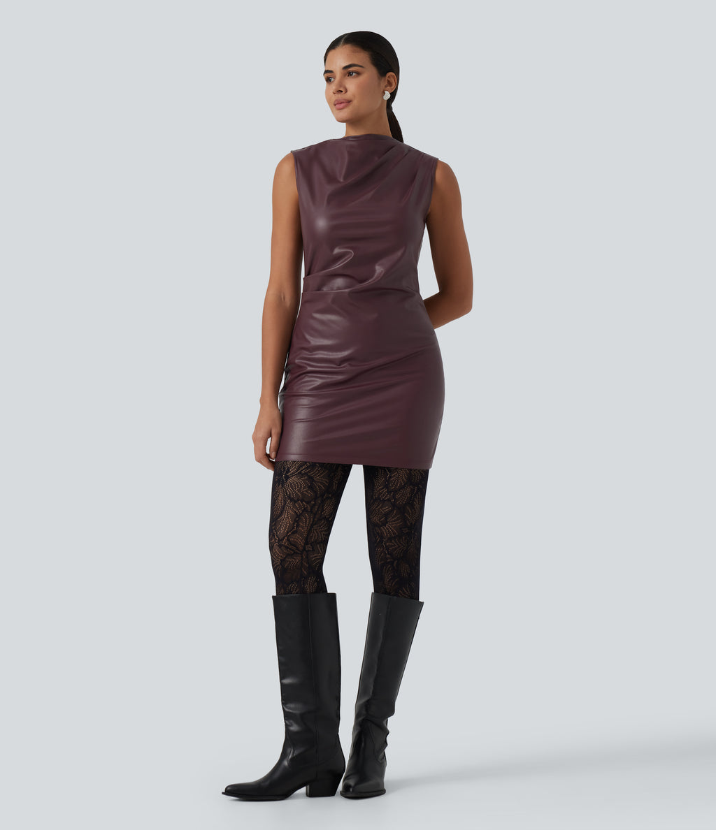 Mock Neck Ruched Bodycon Stretchy PU Party Mini Dress — Windsor Wine — view 7