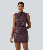 Mock Neck Ruched Bodycon Stretchy PU Party Mini Dress — Windsor Wine — view 3