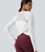 Airy Quick Dry Round Neck Raglan Long Sleeve Mesh Back Crossover Yoga Sports Top with Thumb Holes — White — view 1