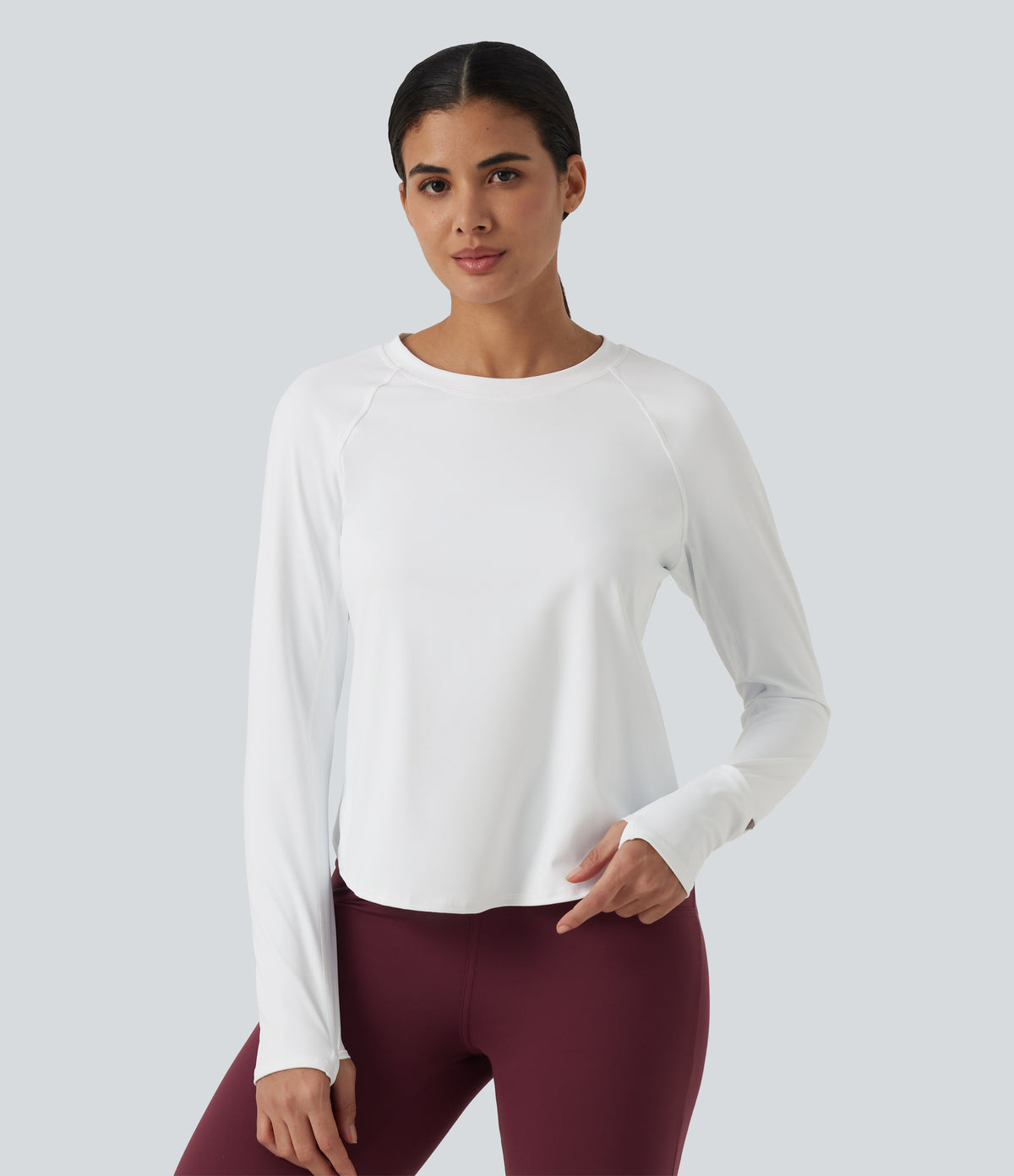 Airy Quick Dry Round Neck Raglan Long Sleeve Mesh Back Crossover Yoga Sports Top with Thumb Holes — White — view 4