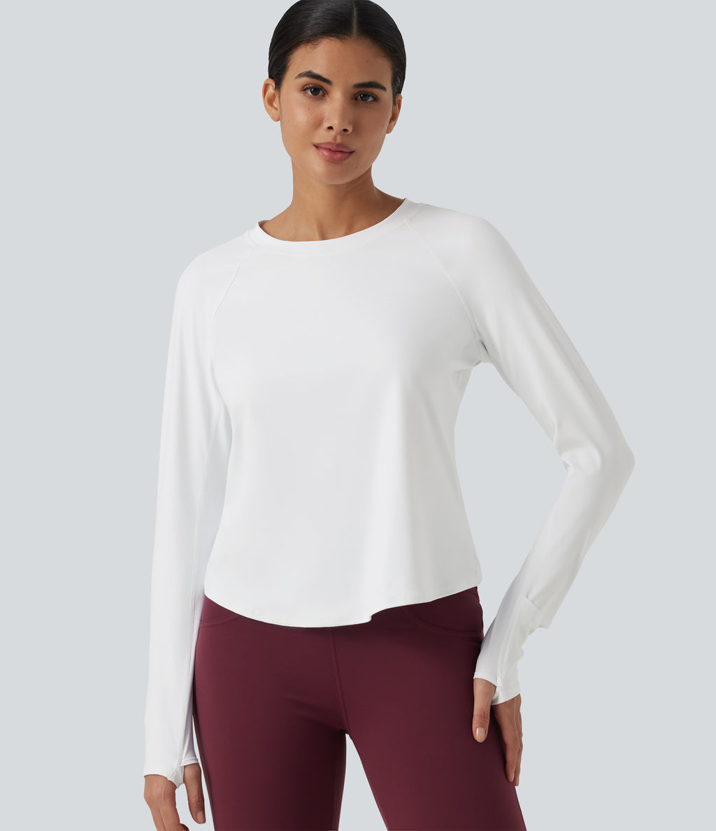 Airy Quick Dry Round Neck Raglan Long Sleeve Mesh Back Crossover Yoga Sports Top with Thumb Holes — White — view 2
