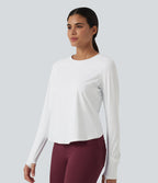 Airy Quick Dry Round Neck Raglan Long Sleeve Mesh Back Crossover Yoga Sports Top with Thumb Holes — White — view 3
