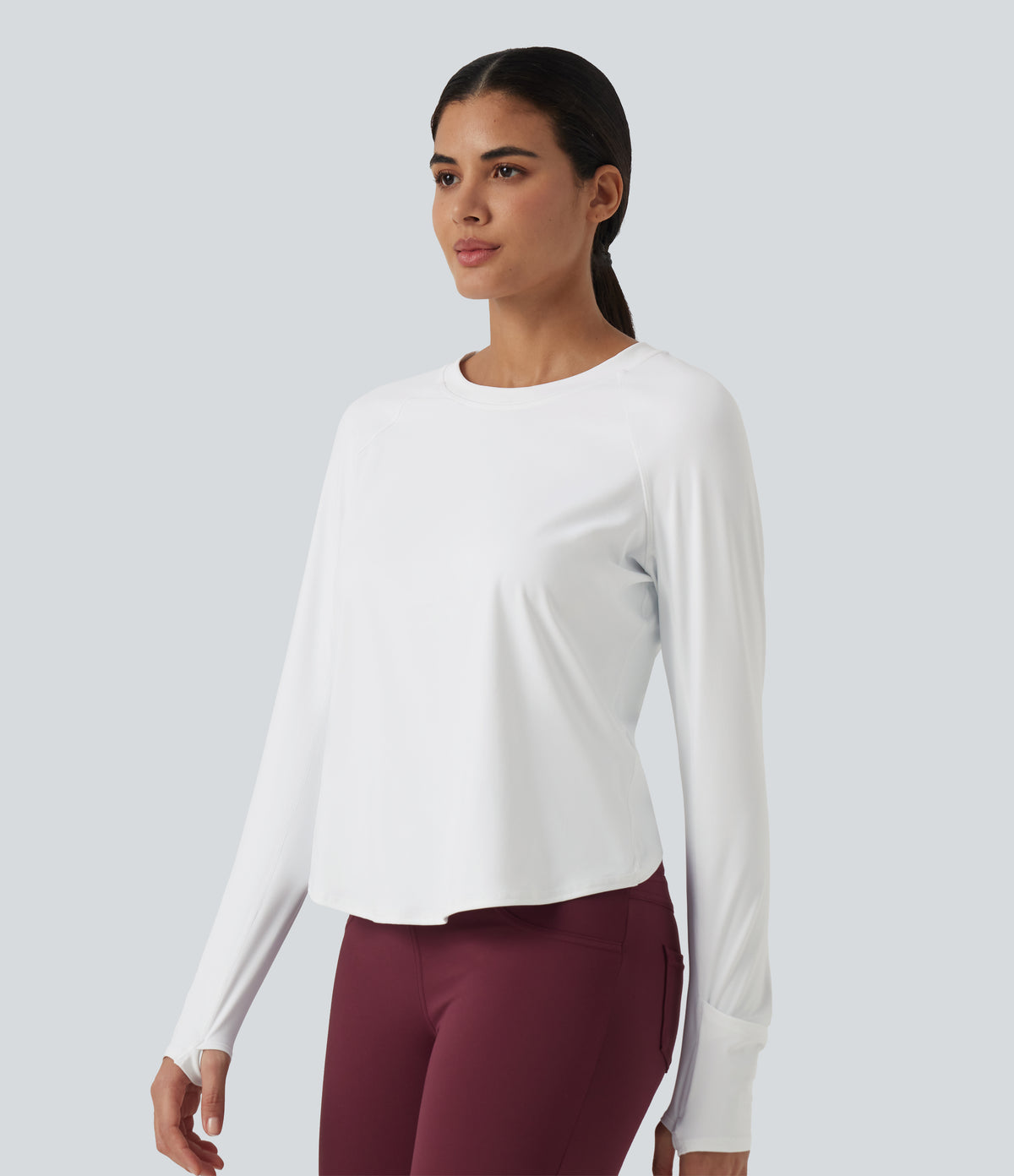 Airy Quick Dry Round Neck Raglan Long Sleeve Mesh Back Crossover Yoga Sports Top with Thumb Holes — White — view 3
