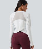 Airy Quick Dry Round Neck Raglan Long Sleeve Mesh Back Crossover Yoga Sports Top with Thumb Holes — White — view 5