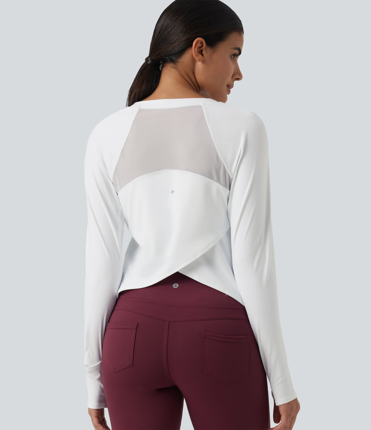 Airy Quick Dry Round Neck Raglan Long Sleeve Mesh Back Crossover Yoga Sports Top with Thumb Holes — White — view 5