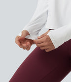 Airy Quick Dry Round Neck Raglan Long Sleeve Mesh Back Crossover Yoga Sports Top with Thumb Holes — White — view 6