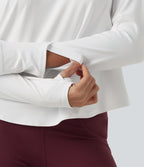 Airy Quick Dry Round Neck Raglan Long Sleeve Mesh Back Crossover Yoga Sports Top with Thumb Holes — White — view 7