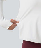 Airy Quick Dry Round Neck Raglan Long Sleeve Mesh Back Crossover Yoga Sports Top with Thumb Holes — White — view 8