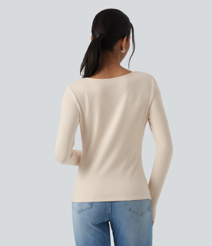 HeatCore V Neck Long Sleeve Casual Warming Top — Whitecap Gray — view 2
