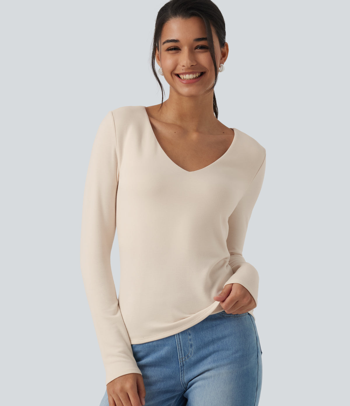 HeatCore V Neck Long Sleeve Casual Warming Top — Whitecap Gray — view 5