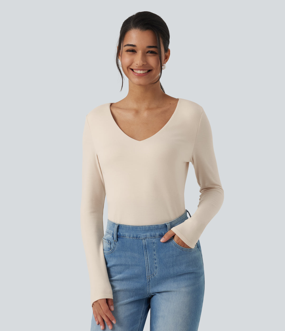 HeatCore V Neck Long Sleeve Casual Warming Top — Whitecap Gray — view 4